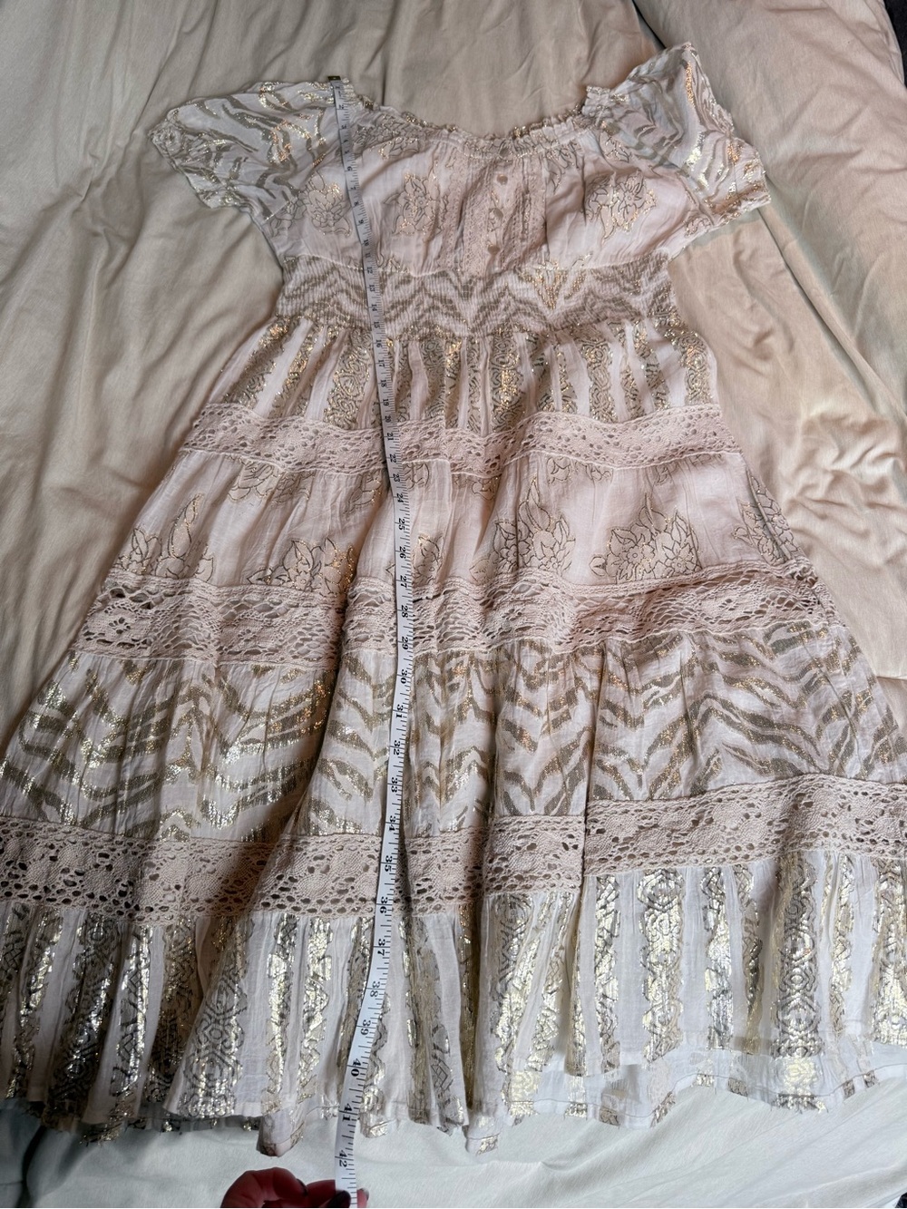 NWT Stunning Shimmery Cream and Gold Lace Metallic Embroidered Boho Midi Dress - Picture 14 of 15